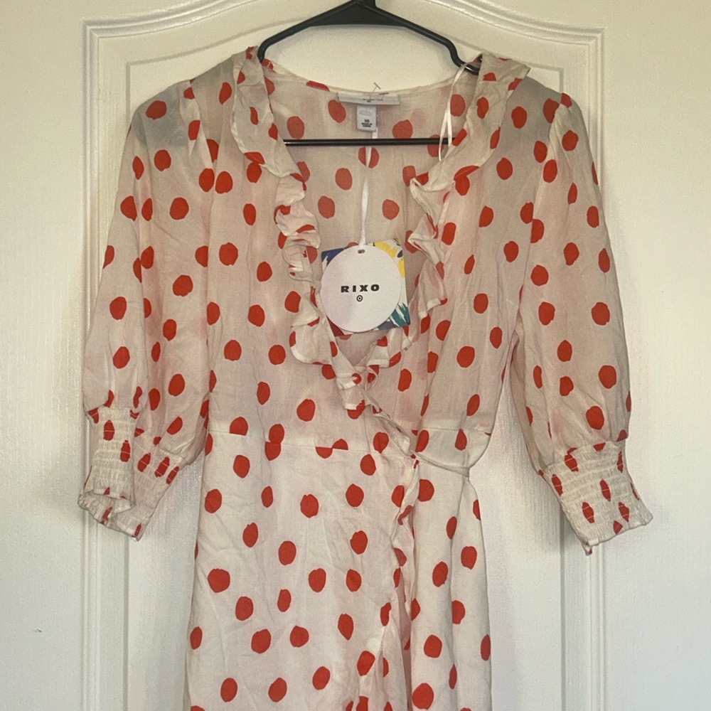 RIXO Polka Dot Ruffle Wrap Dress - Cream with Dots sz XS - Picture 6 of 11